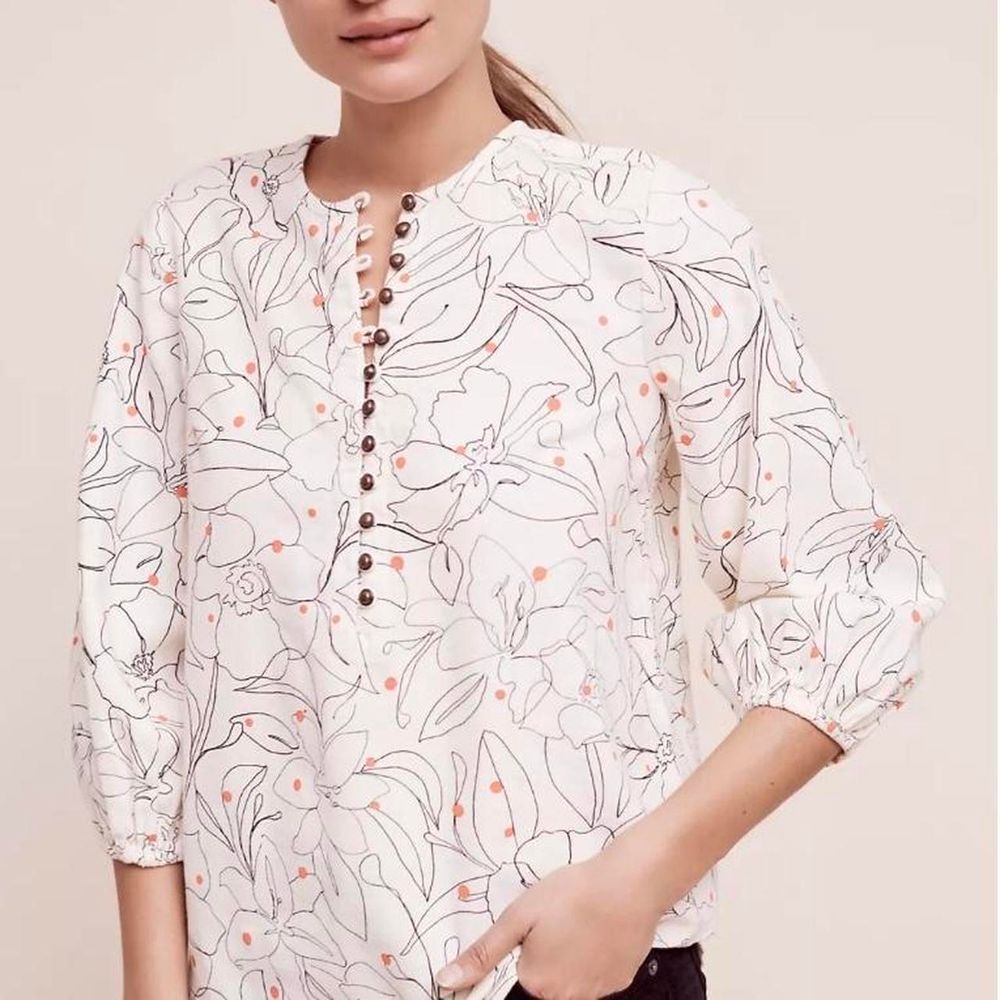 Anthropologie Maeve Bethesda Flannel Womens XS Floral Lily Quarter Button Ivory